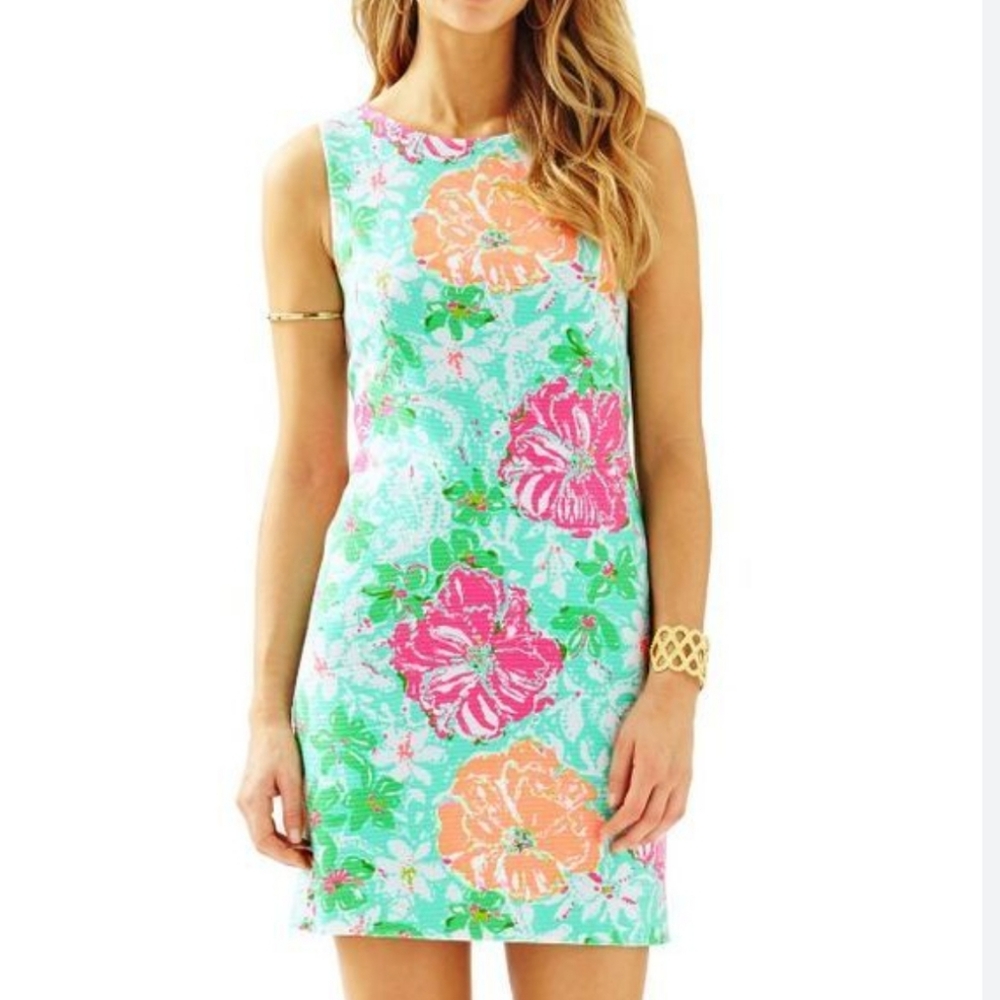 Lilly Pulitzer Mint Floral Shift Dress with Pink and Coral Blooms